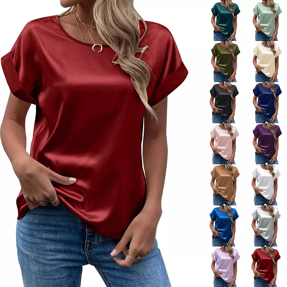 Womens Satin Casual Short Sleeve T-Shirt Tunic Tops Ladies Loose Solid Blouse - £18.20 GBP