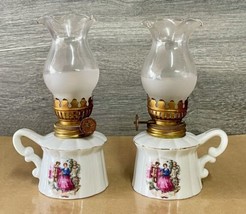 Pair of Mini Oil Lamp Porcelain Japan Hexagon Rennaisance Man Woman Gold Trim 7” - £15.93 GBP