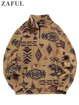 ZAFUL Hoodie for Men Fuzzy  Sherpa Zipper Sweatshirts Ethnic Print  Streetwear P - £57.95 GBP