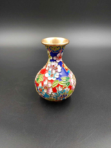 Vintage Cloisonne Vase Enamel on Brass Bud Vase 4&quot; Tall Floral Flower De... - $21.73