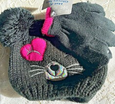 Child’s hat &amp; gloves set Mouse Black Pink Girls Kids Winter 100% Acrylic... - £7.00 GBP