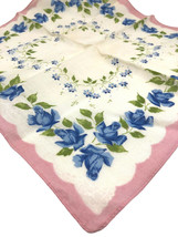 Vintage 1940s Handkerchief Blue Roses Floral Pink White Shabby Flowers Hanky  - £11.83 GBP