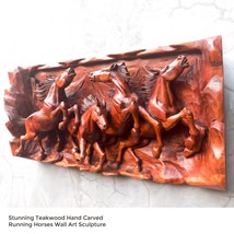 Hand Carved Wild Running Horses Large Decorative Sculpture - Teak Wood Wall Art  - £720.28 GBP