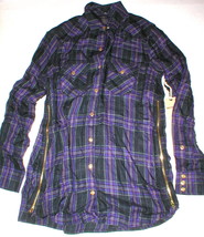 New Womens Designer True Religion S Plaid Top Logo Black Purple NWT Tunic Zip  - £125.90 GBP