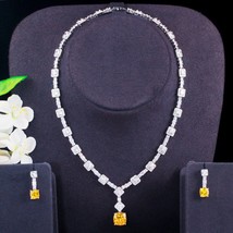 Pera Shiny Yellow Cubic Zirconia Dangle Square Necklace Earrings Jewelry Sets fo - £42.68 GBP
