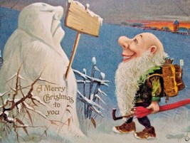 Christmas Postcard Snowman With Sign Gnome Fantasy Dwarf Tucks 1906 Series 8360 - £45.53 GBP
