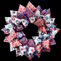 Picnic Themed Style Patriotic Fabric Wreath Handmade Door Decor for July 4th - £40.42 GBP