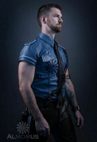 Primary image for Men's Real Leather Blue Police Military Style Shirt BLUF Gay Cuir Fetish Rocker