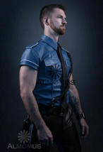 Men&#39;s Real Leather Blue Police Military Style Shirt BLUF Gay Cuir Fetish... - £79.82 GBP