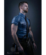 Men&#39;s Real Leather Blue Police Military Style Shirt BLUF Gay Cuir Fetish... - £79.67 GBP