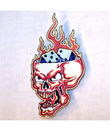 6 OPEN SKULL HEAD W DICE EMB PATCH sew or iron  P-350 flames flaming bik... - £7.42 GBP