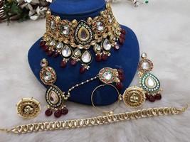 Indian Gold Plated Bollywood Style Kundan Necklace Tikka Nose Ring Jewelry Set - £74.54 GBP