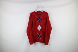 Vintage 90s Chaps Ralph Lauren Womens Large Linen Blend Knit Argyle Sweater Red - £39.41 GBP