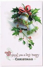 Holiday Postcard Embossed Merry Christmas Bells Mistletoe - $2.96
