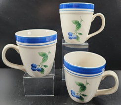 (3) LL Bean Blueberry Mugs Set Fruit Floral Blue Bands 4.5&quot; Coffee Cup D... - £31.08 GBP