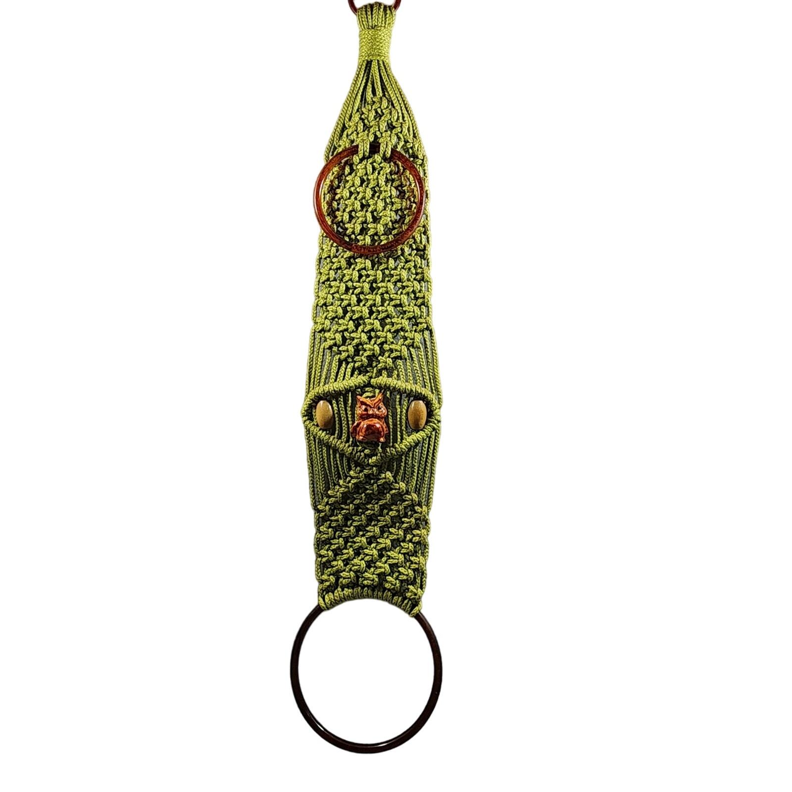 Vintage Lime Green Macrame Owl Bead Double Ring Hanging Towel Holder 34&quot;... - $23.35
