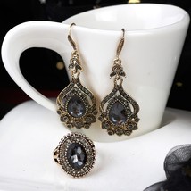 Sunspicems Gray Crystal Bridal Earring Ring For Women Antique Gold Color Bohemia - £18.86 GBP