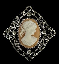 Vintage Cameo Brooch Carved Shell Cameo Silver Tone Setting &amp; Rhinestones - $13.98