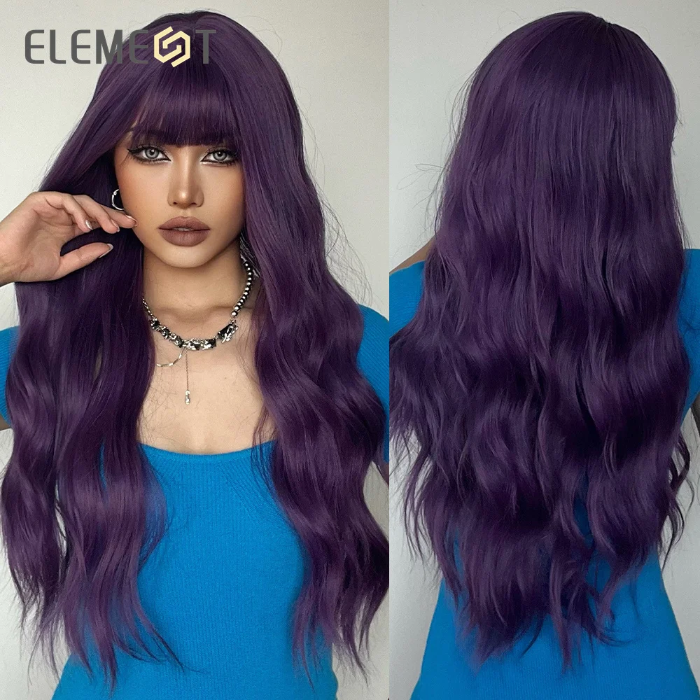 ELEMENT Long Wavy Synthetic Wig with Bangs Dark Puce Purple Body Curly Hair Wi - £19.58 GBP+