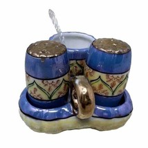 Blue Lusterware Condiment Set: Salt Pepper Mustard Pot Spoon Caddy Porce... - £17.62 GBP