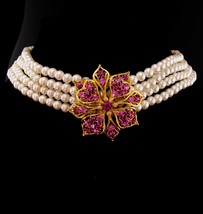 Vintage Lisner pearl Choker - signed pink rhinestone brooch - faux Pearl... - $145.00