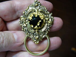 #E-727) Black gold Czech 1940s glass Eyeglass Brass pin pendant ID badge... - $16.79