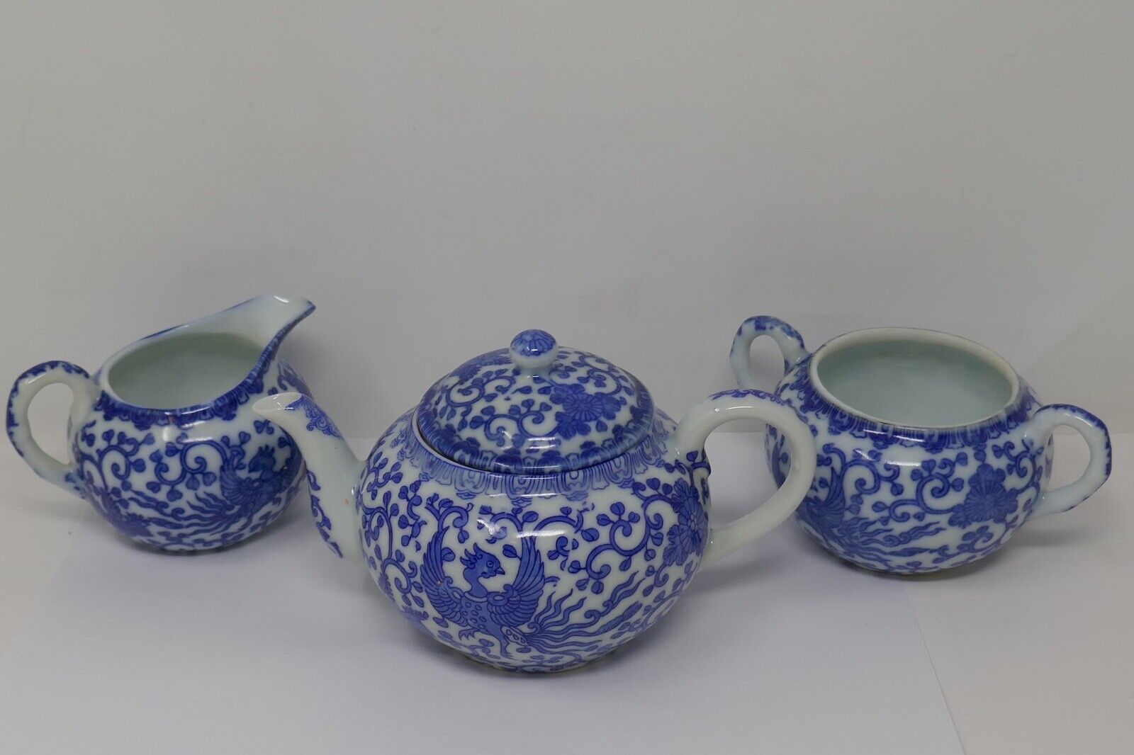 Primary image for Tashiro Soten Blue White Phoenix Individual Teapot Creamer and Sugar Bowl