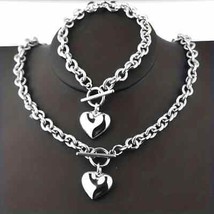 Set of 2 Heart Charm Titanium Steel Necklace and Bracelet Set for Women - £13.46 GBP