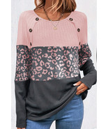 Pink Cheetah Textured Patchwork Buttoned Round Neck T Shirt - $13.83