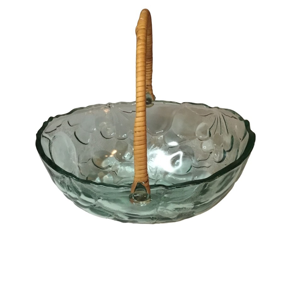 Vintage Indiana Glass Co Green Fruit Embossed Bowl Basket With Rattan Ha... - $18.70