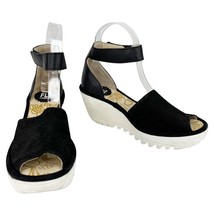 FLY London Perforated Leather Wedge Sandals Yake Black Nubuck White 37 - $50.00