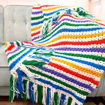 Vintage Rainbow Fringe Afghan lap Throw Blanket Hand Knitted stripes 36x84 - $33.00