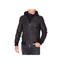  Men Black Lambskin Leather Biker Hooded Collar Jacket - $139.99