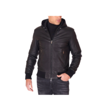  Men Black Lambskin Leather Biker Hooded Collar Jacket - £110.61 GBP