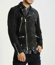 Genuine Biker Motorcycle Handmade Lambskin Black Zip Leather Jacket Suede Men&#39;s - $126.23+