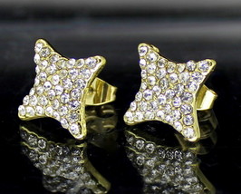 Men Women Star Shape CZ Earrings Iced 12mm Studs 14k Gold Plated Hip Hop Fashion - £6.38 GBP