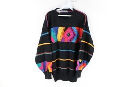 Vintage 80s Mid Mod Womens Small Beaded Rainbow Striped Abstract Knit Sweater - £63.26 GBP