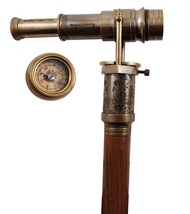 Vintage latón telescopio superior madera bastón bastón brújula antiguo... - £29.50 GBP