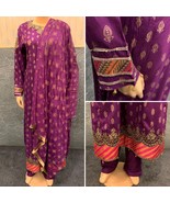 Pakistani Purple long frock Style Embroidered linen dress,Large - £69.62 GBP