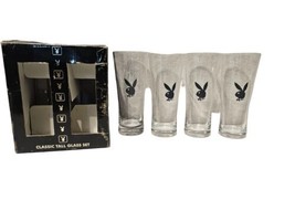 Playboy Bunny Black Logo 10&quot; Tall Pilsner Beer Clear Glasses 2005 Lot Of 4 Boxed - $19.00