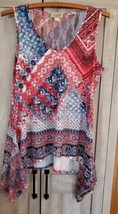 One World Red White &amp; Blue Sharkbite Tank Top V Neck Lace Accents - £6.85 GBP