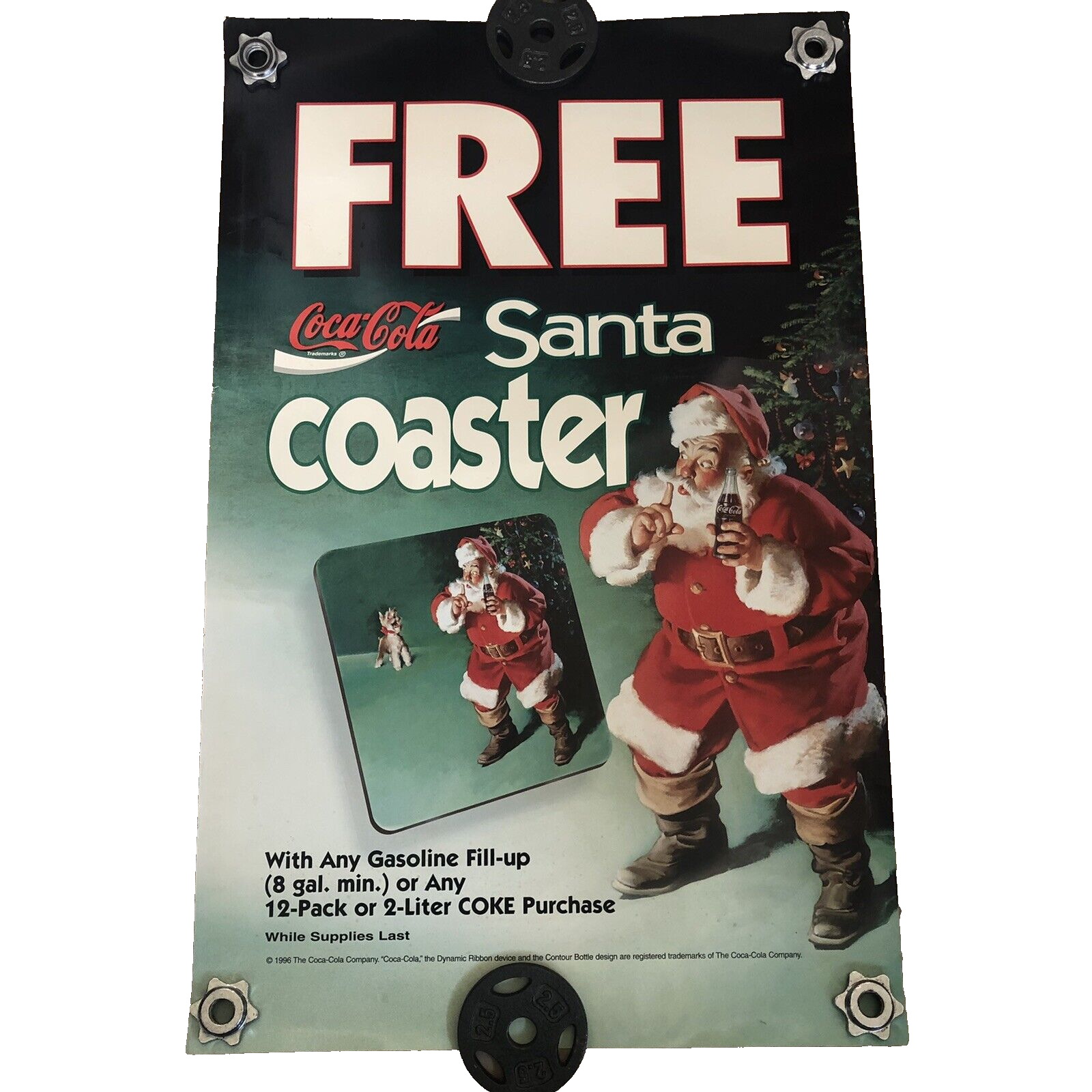 Rare Coca Cola Coke Free Coaster Poster Large Gas Station Santa 44” X 28... - $40.00