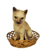 Vtg Porcelain Siamese Cat Figurine Wicker Bed 5&quot; MCM Collectible Animal ... - $12.25