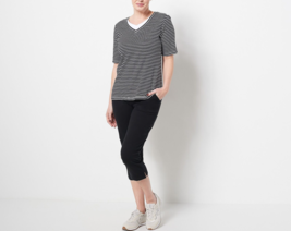 Sport Savvy Striped/Solid French Terry Short Sleeve &amp; Crop Pant Set Blac... - £21.49 GBP