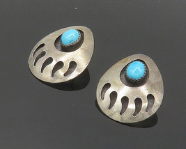 NAVAJO 925 Silver - Vintage Turquoise Bear Claw Print Drop Earrings - EG9976 - £70.14 GBP
