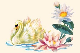 Swan Swimming By Pond Flowers - Art Print - £17.39 GBP+