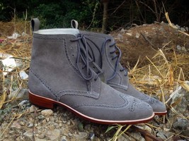 Men Gray Suede Wing Tip Full Brogue Toe High Ankle Leather Lace up Boots US 7-16 - £125.33 GBP