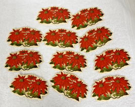 Vintage Christmas Holiday Gift Gummed Seals Stickers 11 Poinsettia 3 3/8... - $9.41