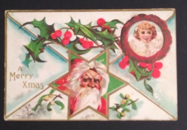 A Merry Xmas Santa Holly Florence Bamberger Gold Embossed Postcard c1910s - £4.76 GBP