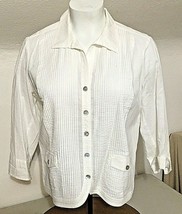 Chico&#39;s SZ 3 Blouse Shirt 100% Cotton White Pin Tuck Pleats w MOP Button... - £15.64 GBP
